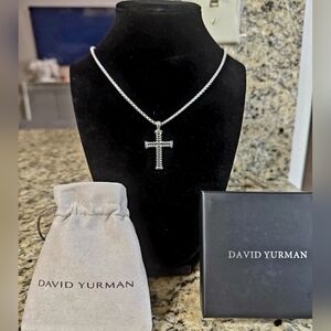 David Yurman Chevron Cross Necklace in Sterling Silver with Black Onyx